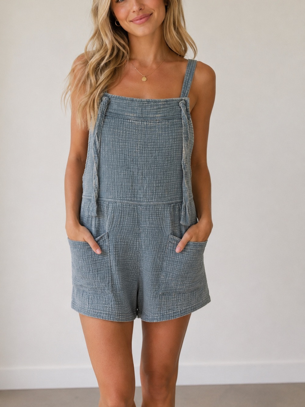 Zenana Blue Textured Cotton Shorts Romper size Medium